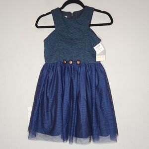 NWT Pastourelle Navy Blue Green Lace Tulle Sleeveless Dress Girls‎ Size 10